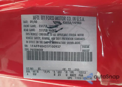 2001 Ford Mustang from USA, damaged, VIN 1FAFP40431F100937